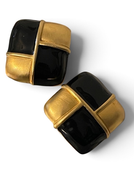 Givenchy Jewelry - 1980’s Givenchy Black & Gold Geometric Checkered Runway Clip-On Earrings